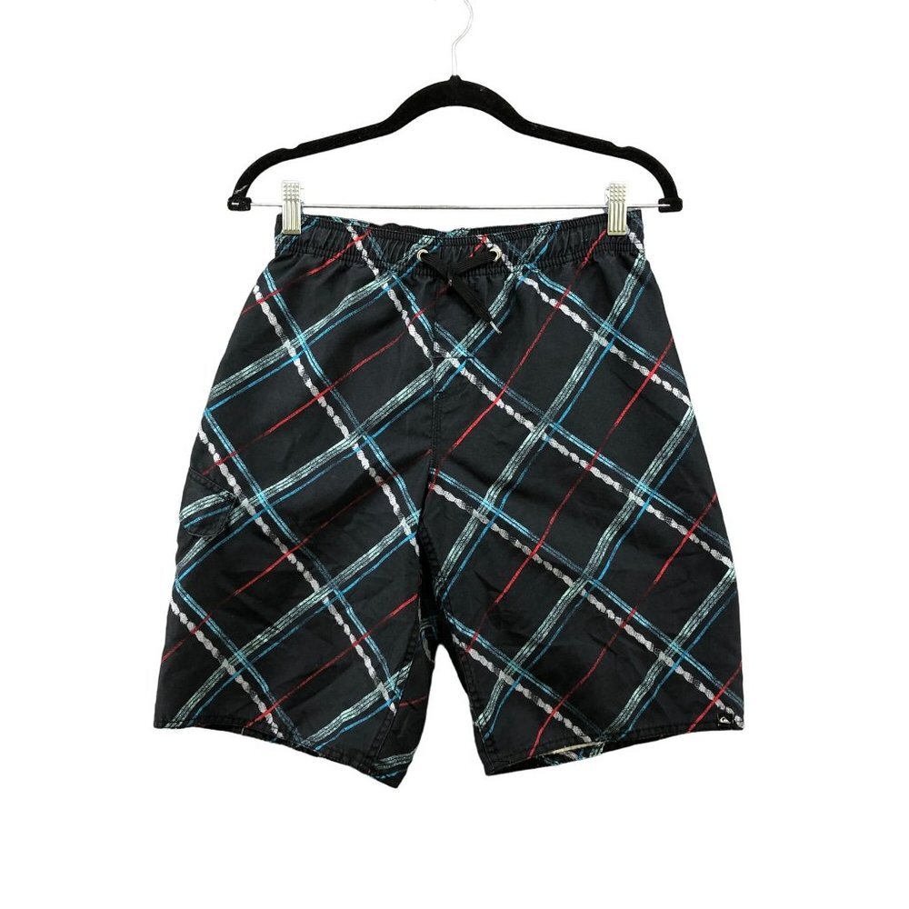 Quicksilver Boys Swim Trunks Size 14/16 Black Blue‎ Stripes Bermuda Beach Short